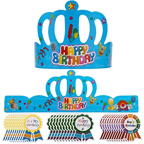 FLYTT 30 Pack Birthday Crowns Party Hats for Kids Classroom with 30 Pcs Badge Stickers for Preschool Kindergarten School Party Supplies