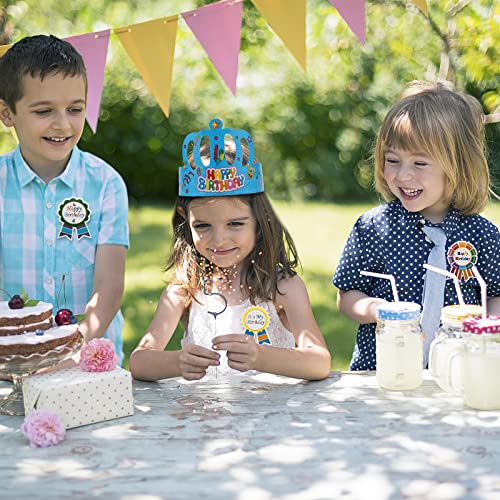 FLYTT 30 Pack Birthday Crowns Party Hats for Kids Classroom with 30 Pcs Badge Stickers for Preschool Kindergarten School Party Supplies