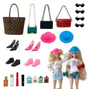 22 pcs mini fashion doll accessories toys, including fashion mini bag, mini perfume, lipstick sunglasses, high heels and fashion hat for 11.5 inch dolls