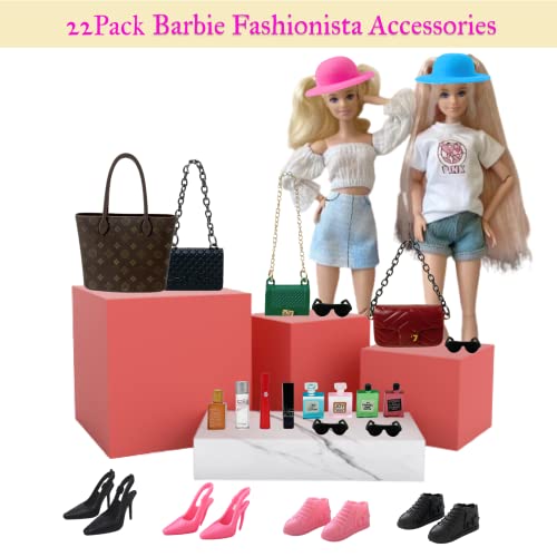 22 Pcs Mini Fashion Doll Accessories Toys, Including Fashion Mini Bag, Mini Perfume, Lipstick Sunglasses, High Heels and Fashion Hat for 11.5 inch Dolls