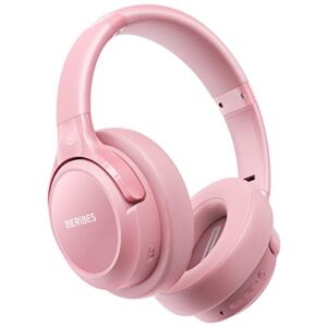 bluetooth wireless headphones over ear,beribes 65h playtime and 6 eq music modes with microphone, hifi stereo foldable lightweight headset, deep bass for home office cellphone pc etc.(pink)