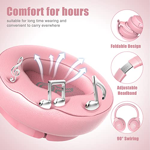 Bluetooth Wireless Headphones Over Ear,BERIBES 65H Playtime and 6 EQ Music Modes with Microphone, HiFi Stereo Foldable Lightweight Headset, Deep Bass for Home Office Cellphone PC Etc.(Pink)