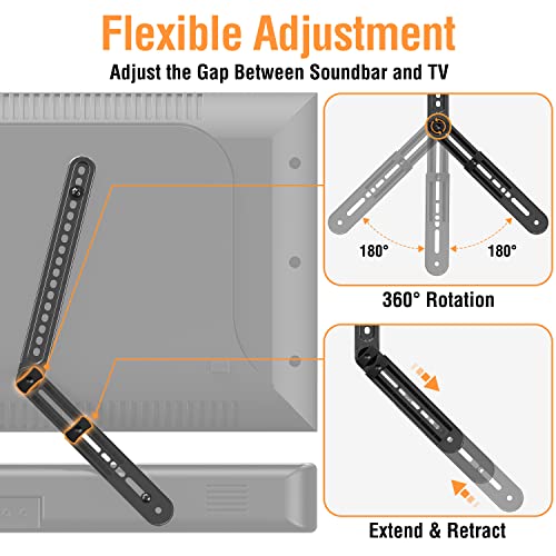 ELIVED Soundbar Mount Bracket Mounting Above or Under TV Tool-Free Knob Adjustable with Detachable Extension Arms, Universal TV Mounting Hardware Kit Includes M4 M5 M6 M8 Screws