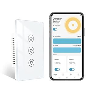 moesgo 3 gang smart dimmer switch, independently control 3 lights, single pole, neutral wire needed, smart light switch for dimmable led/cfl/inc bulbs, work with alexa/google home, white