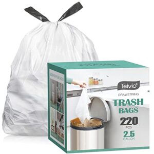 2.5 gallon 220pcs strong drawstring trash bags garbage bags by teivio, bathroom trash can bin liners, small plastic bags for home office kitchen, white