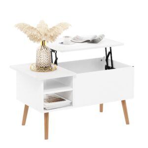 furinno jensen living room wooden leg lift top coffee table with hidden compartment and side open storage shelf, solid white