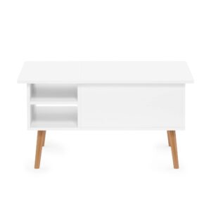 Furinno Jensen Living Room Wooden Leg Lift Top Coffee Table With Hidden Compartment and Side Open Storage Shelf, Solid White