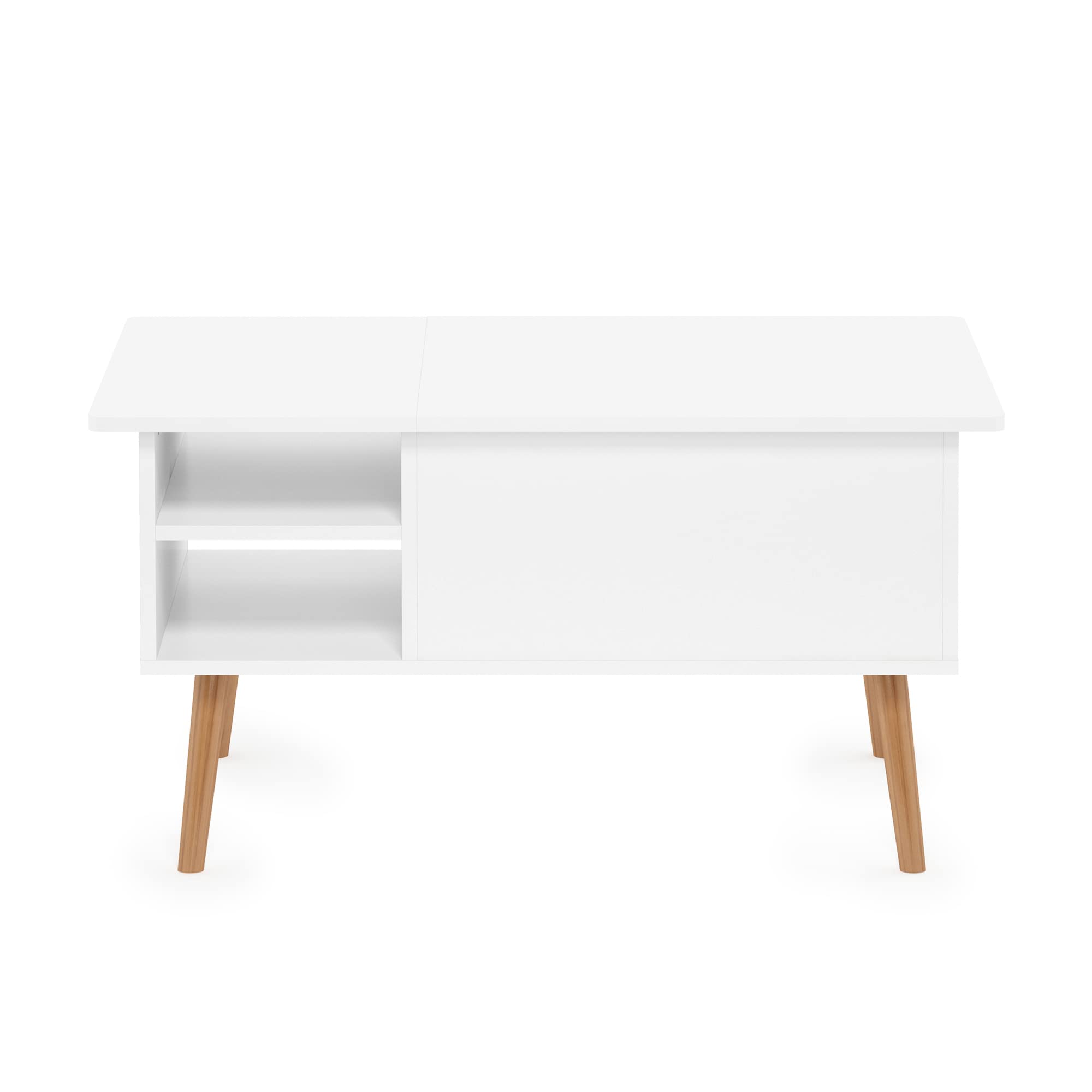 Furinno Jensen Living Room Wooden Leg Lift Top Coffee Table With Hidden Compartment and Side Open Storage Shelf, Solid White