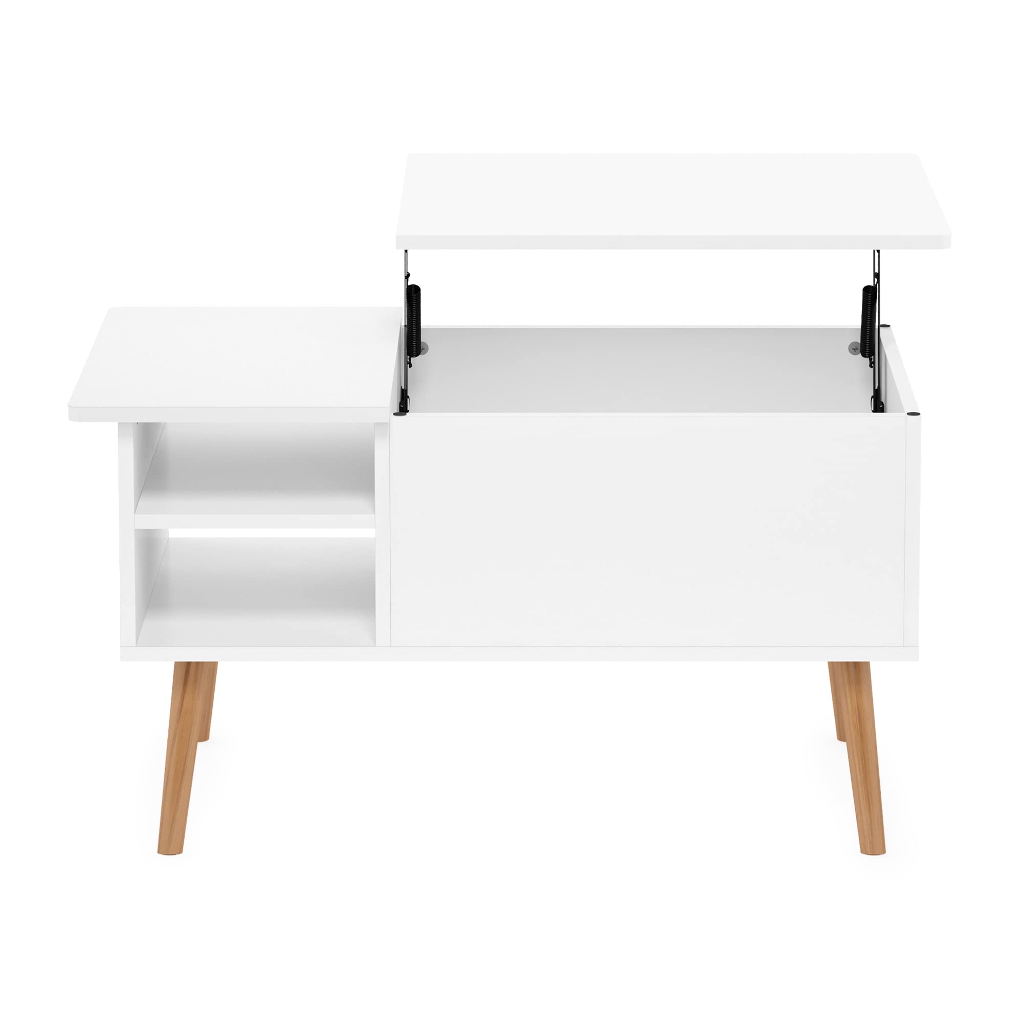 Furinno Jensen Living Room Wooden Leg Lift Top Coffee Table With Hidden Compartment and Side Open Storage Shelf, Solid White