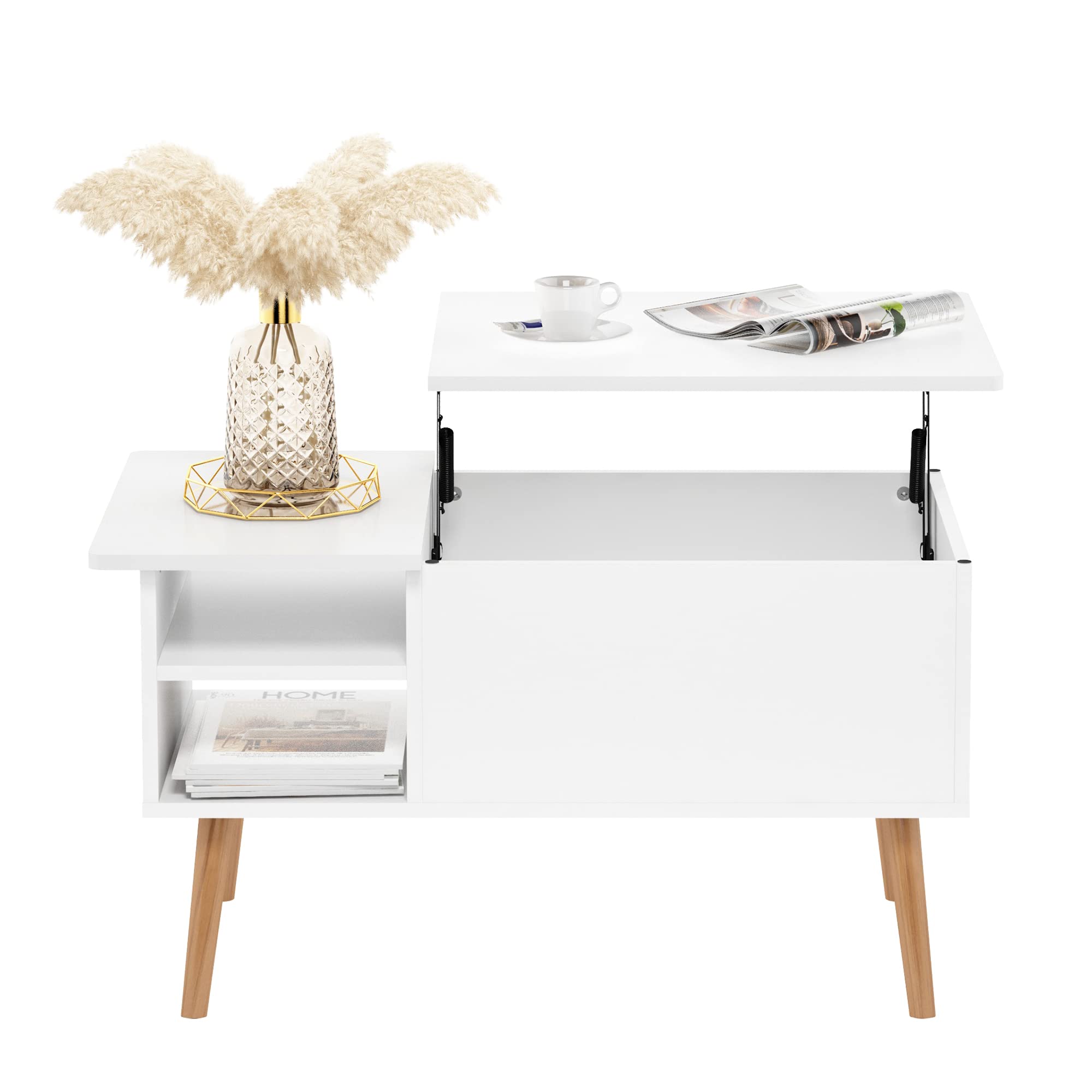 Furinno Jensen Living Room Wooden Leg Lift Top Coffee Table With Hidden Compartment and Side Open Storage Shelf, Solid White