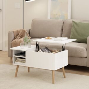 Furinno Jensen Living Room Wooden Leg Lift Top Coffee Table With Hidden Compartment and Side Open Storage Shelf, Solid White