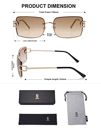 SOJOS Vintage Rectangle Sunglasses for Women,Trendy Rimless 90s UV400 Womens Y2K Shades SJ1178 Gold With Brown Grading Lens