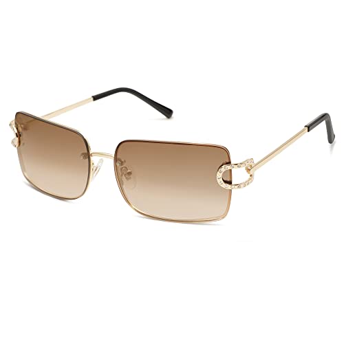 SOJOS Vintage Rectangle Sunglasses for Women,Trendy Rimless 90s UV400 Womens Y2K Shades SJ1178 Gold With Brown Grading Lens