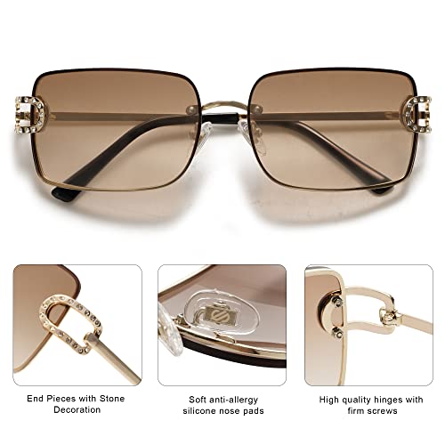 SOJOS Vintage Rectangle Sunglasses for Women,Trendy Rimless 90s UV400 Womens Y2K Shades SJ1178 Gold With Brown Grading Lens