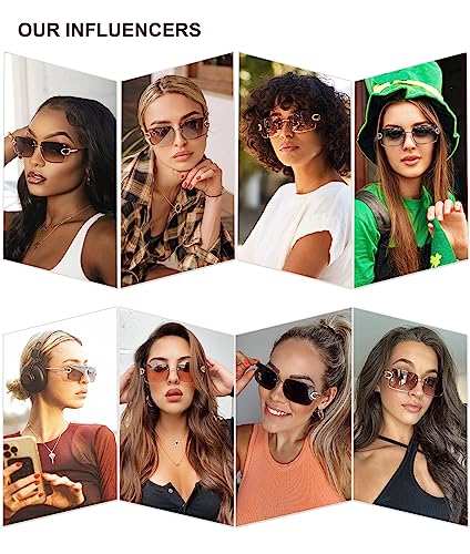 SOJOS Vintage Rectangle Sunglasses for Women,Trendy Rimless 90s UV400 Womens Y2K Shades SJ1178 Gold With Brown Grading Lens