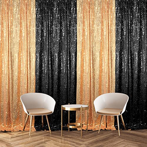 4 Panels Sequin Backdrop Curtain 2 ft x 8 ft, Backdrop Curtain for Party Sequin Backdrop Glitter Curtain for Congrats Grad Graduation Party Decorations, Birthday, Wedding (Black, Gold)