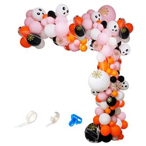 103pcs halloween balloon arch garland kit, pink orange black balloons arch with spider web decor, skull balloons for halloween theme birthday baby shower, halloween day party decorations