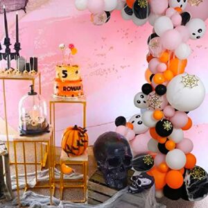 103Pcs Halloween Balloon Arch Garland Kit, Pink Orange Black Balloons Arch with Spider Web Decor, Skull Balloons for Halloween Theme Birthday Baby Shower, Halloween Day Party Decorations