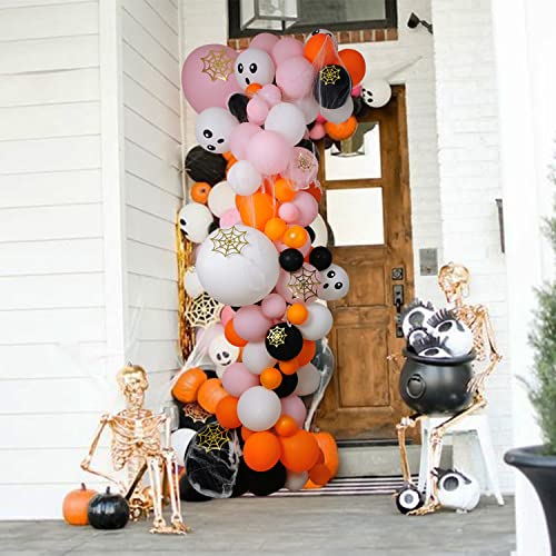 103Pcs Halloween Balloon Arch Garland Kit, Pink Orange Black Balloons Arch with Spider Web Decor, Skull Balloons for Halloween Theme Birthday Baby Shower, Halloween Day Party Decorations