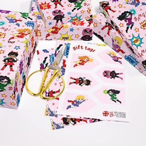 CENTRAL 23 Girls Birthday Wrapping Paper - Superhero Themed - Super Girl - 6 Sheets Gift Wrap - Baby Shower Wrapping Paper Girl - Comes with Stickers