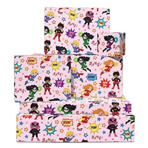central 23 girls birthday wrapping paper - superhero themed - super girl - 6 sheets gift wrap - baby shower wrapping paper girl - comes with stickers