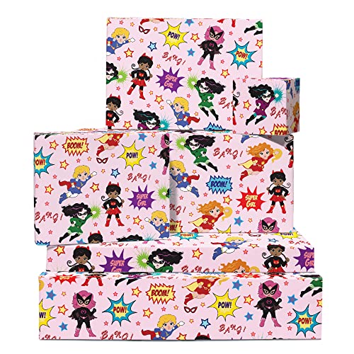 CENTRAL 23 Girls Birthday Wrapping Paper - Superhero Themed - Super Girl - 6 Sheets Gift Wrap - Baby Shower Wrapping Paper Girl - Comes with Stickers