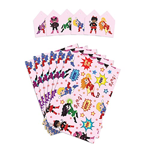 CENTRAL 23 Girls Birthday Wrapping Paper - Superhero Themed - Super Girl - 6 Sheets Gift Wrap - Baby Shower Wrapping Paper Girl - Comes with Stickers