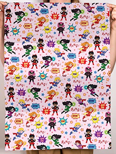 CENTRAL 23 Girls Birthday Wrapping Paper - Superhero Themed - Super Girl - 6 Sheets Gift Wrap - Baby Shower Wrapping Paper Girl - Comes with Stickers