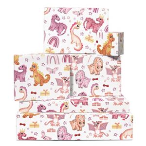 central 23 girls birthday wrapping paper - dinosaur rainbow - 6 gift wrap sheets - pink wrapping paper for kids - comes with sticker