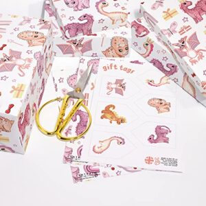 CENTRAL 23 Girls Birthday Wrapping Paper - Dinosaur Rainbow - 6 Gift Wrap Sheets - Pink Wrapping Paper for Kids - Comes With Sticker