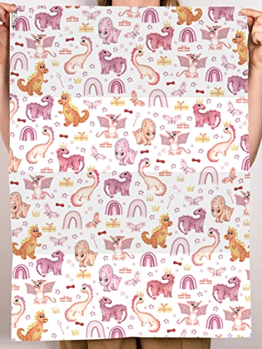 CENTRAL 23 Girls Birthday Wrapping Paper - Dinosaur Rainbow - 6 Gift Wrap Sheets - Pink Wrapping Paper for Kids - Comes With Sticker
