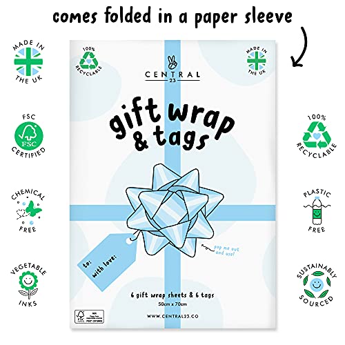 CENTRAL 23 Christmas Wrapping Paper - Eco-friendly - 6 Sheets Blue Gift Wrap - Deer Doves - Christmas Elements - Comes With Stickers - Made In UK