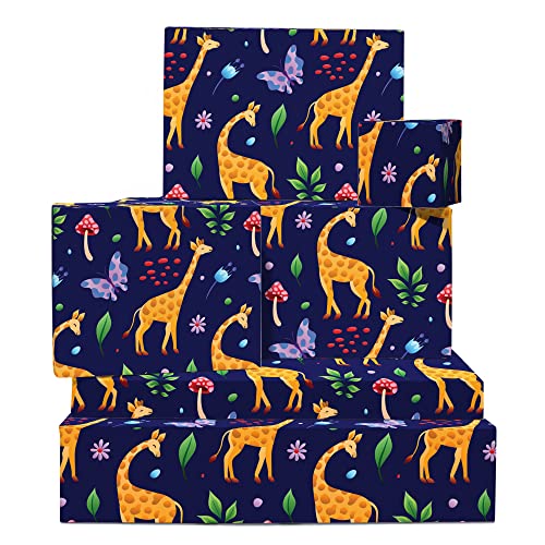 CENTRAL 23 Blue Wrapping Paper - Giraffe and Mushroom - Jungle Themed - 6 Sheets Gift Wrap - For Birthday, Chritmas, Holiday, Baby Shower - Comes With Fun Stickers