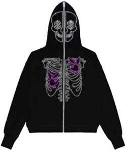 pandolah skeleton hoodie unisex halloween costumes skull gothic zip up y2k fashion jacket for men women(l,purple)
