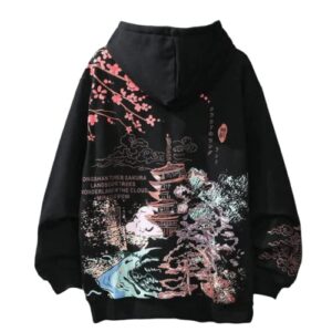 shinsuke men women y2k hoodie japanese harajuku hooded sweatshirt sakura temple korean long sleeve thicken fleece loose tops pullover (black,s,small)