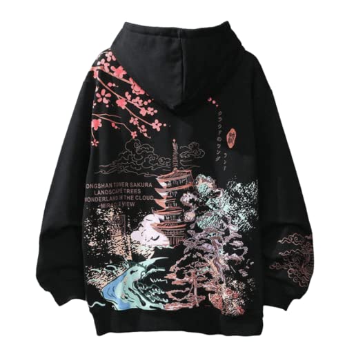 SHINsuke Men Women Y2K Hoodie Japanese Harajuku Hooded Sweatshirt Sakura Temple Korean Long Sleeve Thicken Fleece Loose Tops Pullover (Black,S,Small)