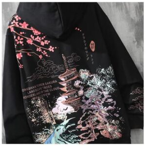 SHINsuke Men Women Y2K Hoodie Japanese Harajuku Hooded Sweatshirt Sakura Temple Korean Long Sleeve Thicken Fleece Loose Tops Pullover (Black,S,Small)