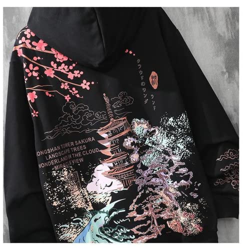 SHINsuke Men Women Y2K Hoodie Japanese Harajuku Hooded Sweatshirt Sakura Temple Korean Long Sleeve Thicken Fleece Loose Tops Pullover (Black,S,Small)