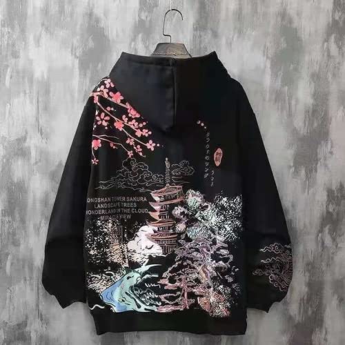 SHINsuke Men Women Y2K Hoodie Japanese Harajuku Hooded Sweatshirt Sakura Temple Korean Long Sleeve Thicken Fleece Loose Tops Pullover (Black,S,Small)