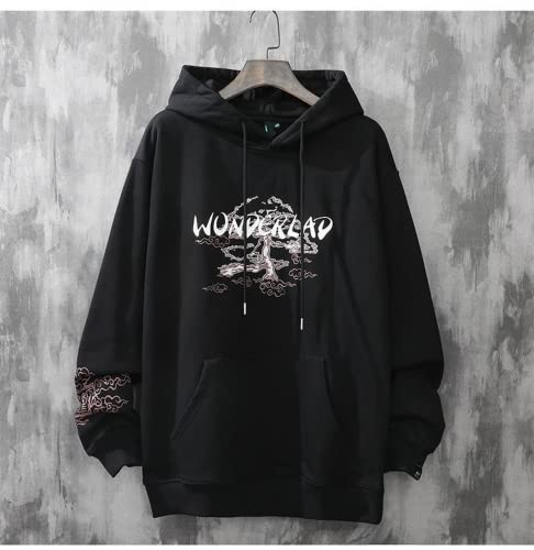 SHINsuke Men Women Y2K Hoodie Japanese Harajuku Hooded Sweatshirt Sakura Temple Korean Long Sleeve Thicken Fleece Loose Tops Pullover (Black,S,Small)