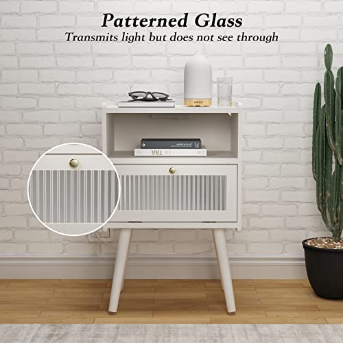 SOOWERY Mid Century Modern Nightstand with Charging Station, Bedside Tables with Glass Decorative Door, End Table Side Table with 2 Tiers Storage Space, for Bedroom, Living Room, White
