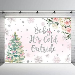 mehofond baby it's cold outside backdrop girl baby shower party decorations silver snowflake winter wonderland photo booth banner christmas tree white blush pink floral background 7x5ft
