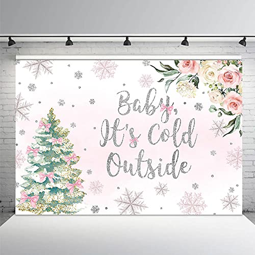 MEHOFOND Baby It's Cold Outside Backdrop Girl Baby Shower Party Decorations Silver Snowflake Winter Wonderland Photo Booth Banner Christmas Tree White Blush Pink Floral Background 7x5ft