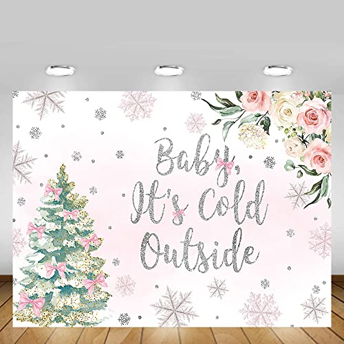 MEHOFOND Baby It's Cold Outside Backdrop Girl Baby Shower Party Decorations Silver Snowflake Winter Wonderland Photo Booth Banner Christmas Tree White Blush Pink Floral Background 7x5ft