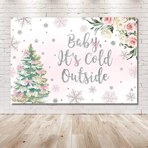 MEHOFOND Baby It's Cold Outside Backdrop Girl Baby Shower Party Decorations Silver Snowflake Winter Wonderland Photo Booth Banner Christmas Tree White Blush Pink Floral Background 7x5ft