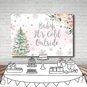 MEHOFOND Baby It's Cold Outside Backdrop Girl Baby Shower Party Decorations Silver Snowflake Winter Wonderland Photo Booth Banner Christmas Tree White Blush Pink Floral Background 7x5ft