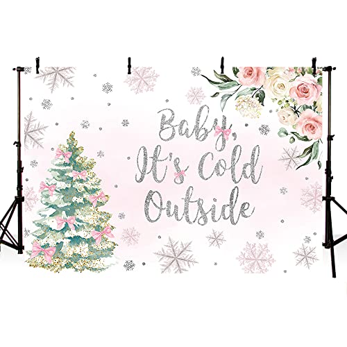 MEHOFOND Baby It's Cold Outside Backdrop Girl Baby Shower Party Decorations Silver Snowflake Winter Wonderland Photo Booth Banner Christmas Tree White Blush Pink Floral Background 7x5ft