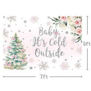 MEHOFOND Baby It's Cold Outside Backdrop Girl Baby Shower Party Decorations Silver Snowflake Winter Wonderland Photo Booth Banner Christmas Tree White Blush Pink Floral Background 7x5ft