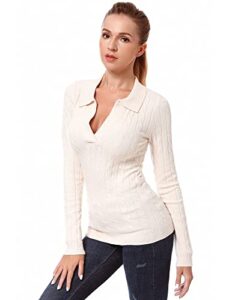amélieboutik women collar v neck cable knit long sleeve pullover sweater (creamy white x-small)