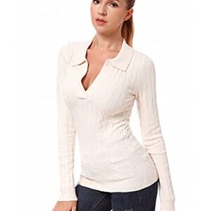 AmélieBoutik Women Collar V Neck Cable Knit Long Sleeve Pullover Sweater (Creamy White X-Small)